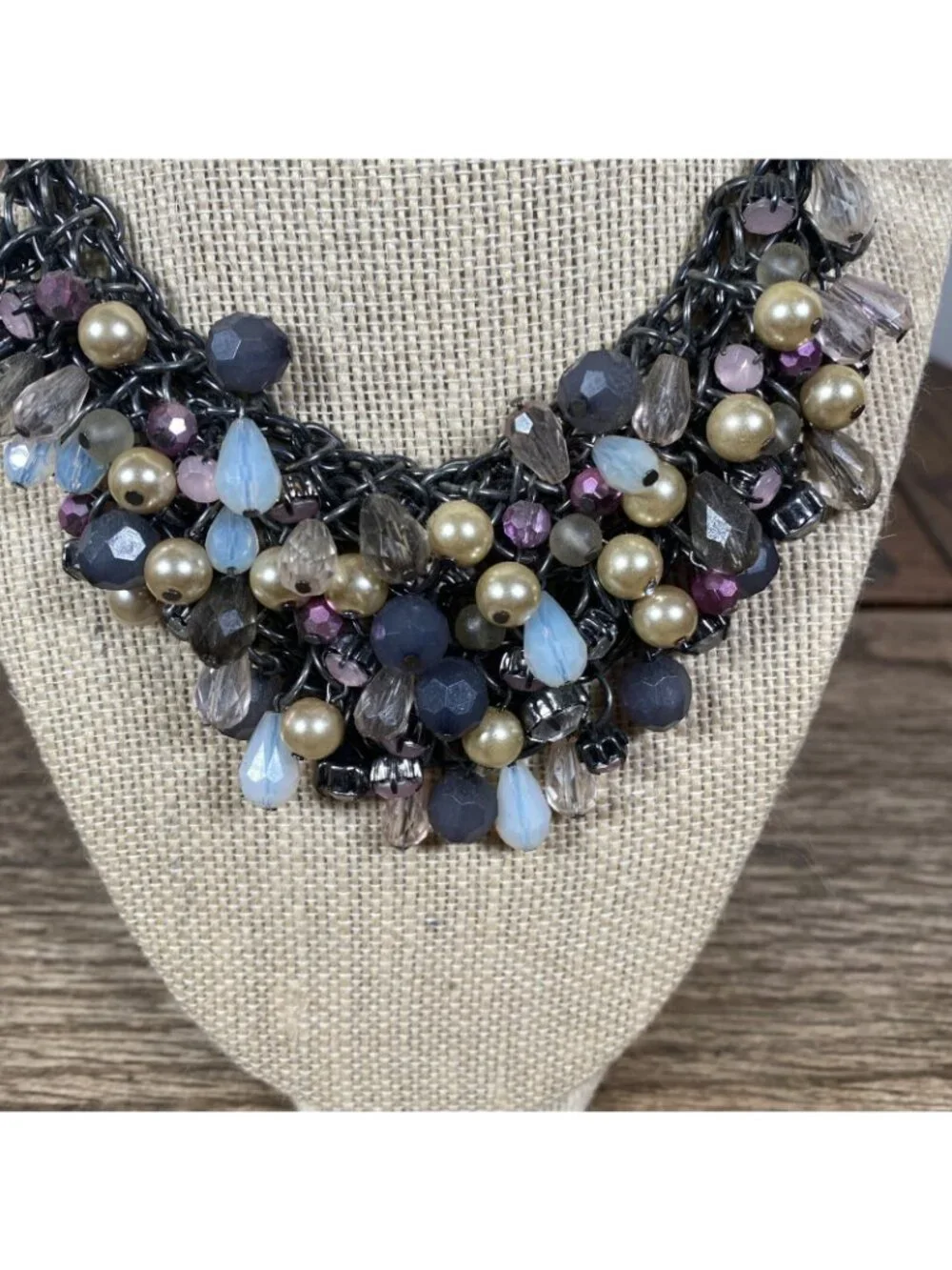 Chain Link Beaded Bib Choker Necklace - Picture 2 of 4
